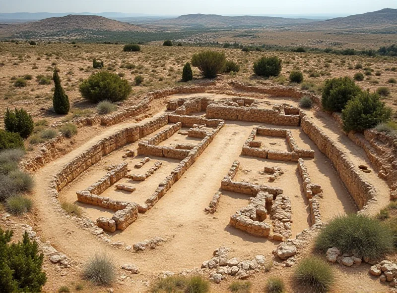 Aerial view of an archaeological dig site, showing the layout of a Roman camp. The image should emphasize the historical significance of the location.