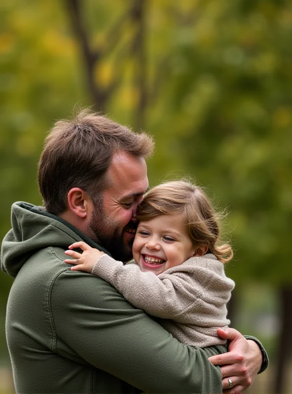 A father and child smiling and embracing. The background is blurred to focus on the connection between them. The image should convey warmth and love.