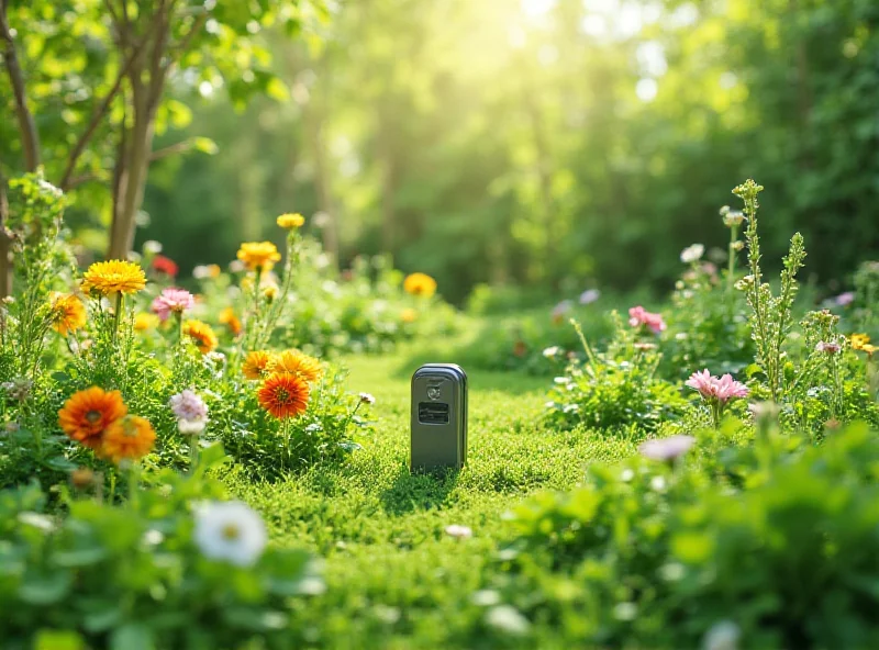 A lush green garden with various plants and flowers. In the foreground, a small, discreet device emits a gentle light or sound wave. No animals are visible, suggesting the repellent is working effectively.