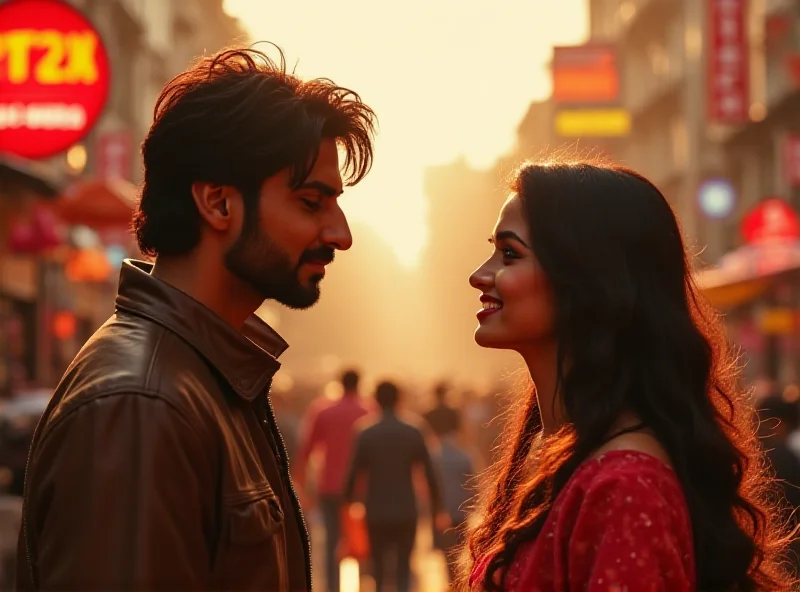 A promotional still from the movie 'Nadaaniyan' showing Ibrahim Ali Khan and Khushi Kapoor looking lovingly at each other. The background is a vibrant, colorful street scene in India.