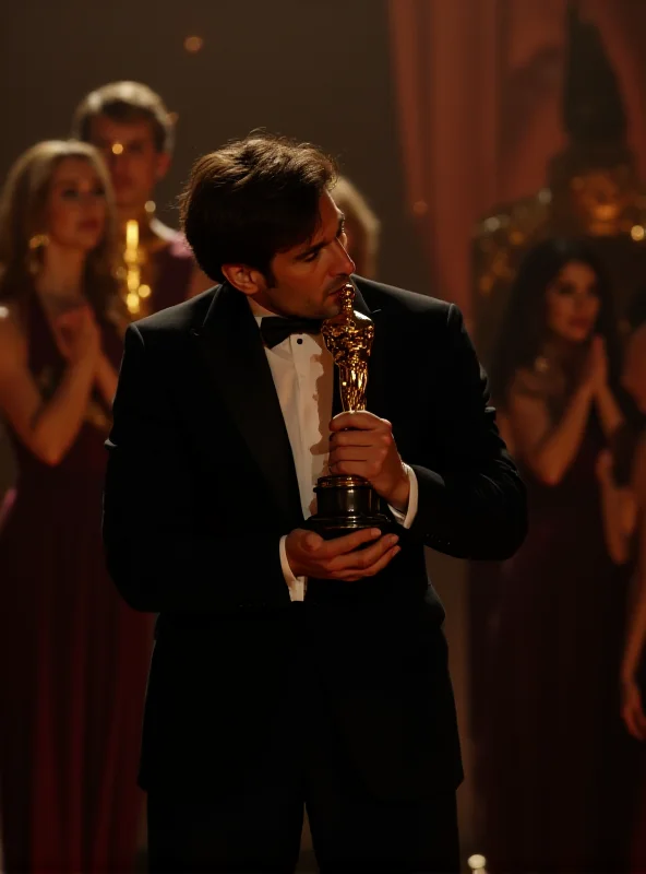 A wide shot of the Oscars stage. Adrien Brody is holding his Academy Award for The Pianist and kissing Halle Berry passionately. The audience is visible in the background.