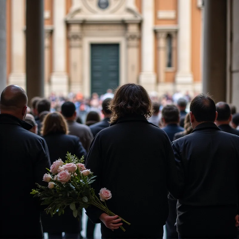 A solemn scene showing a crowd gathered outside the Church of the Artists in Piazza del Popolo, Rome. People are holding flowers and looking towards the church entrance. The atmosphere is respectful and somber.