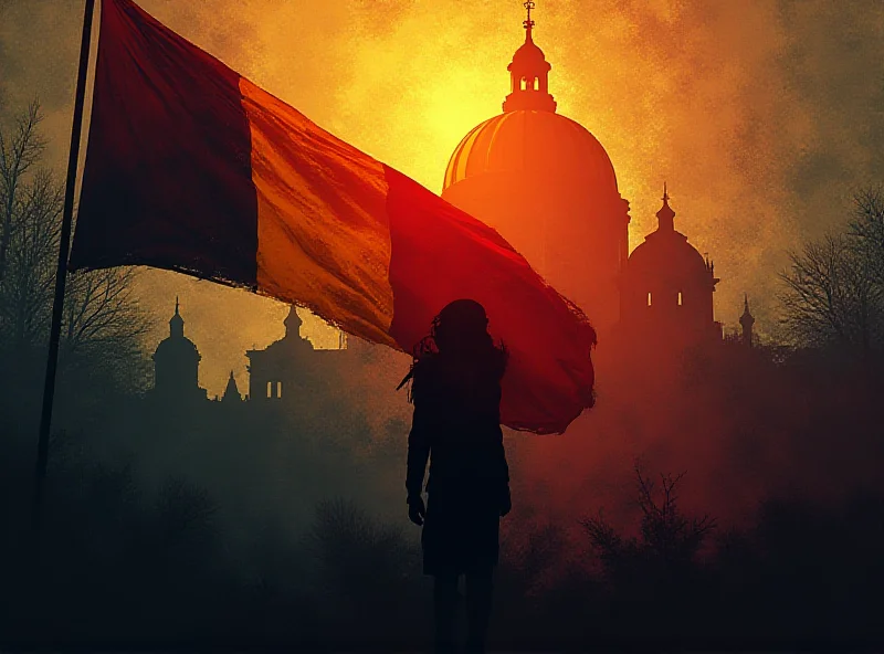 Illustration of a Romanian flag waving in front of a silhouette of a government building, with subtle hints of Russian influence in the background.