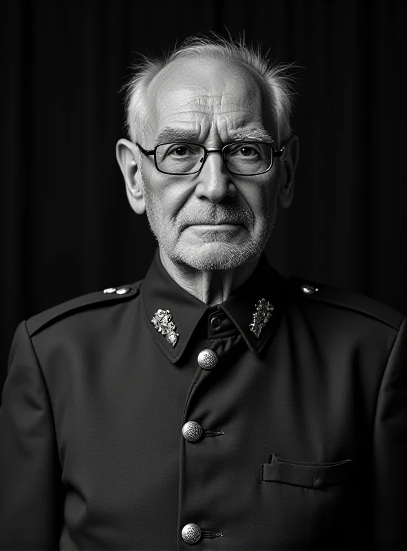 A black and white portrait of an elderly man in a military uniform, with a stern expression. The uniform is slightly outdated, suggesting a historical figure.