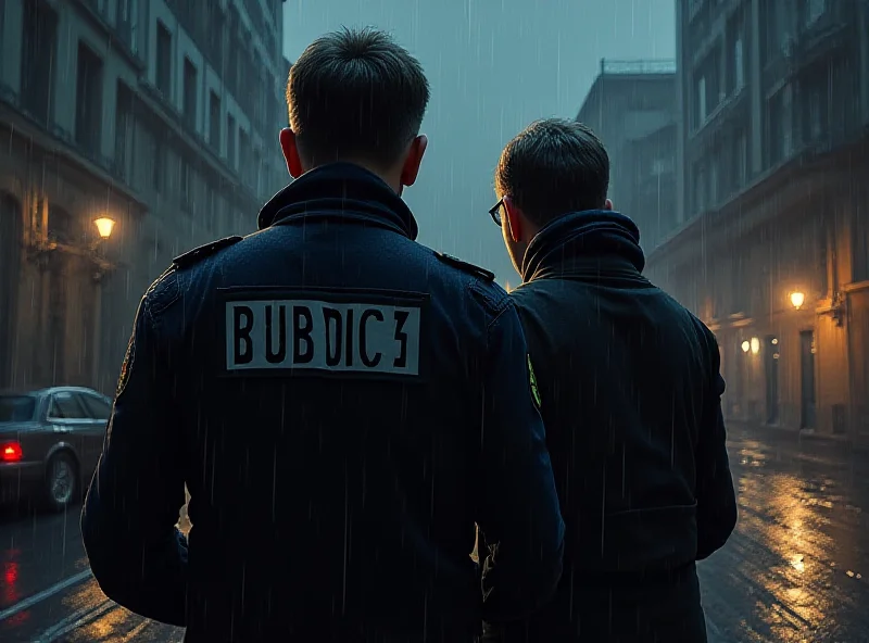 Digital painting of a Romanian police officer arresting a suspect in front of the Russian embassy in Bucharest, Romania. The scene is set at night, and rain is falling.