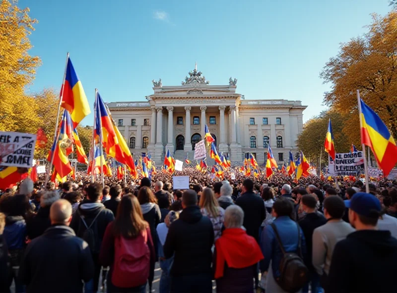 A large crowd of protesters holding Romanian flags and anti-government signs in front of a government building.