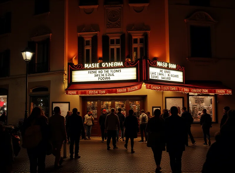 A classic Roman cinema with a vintage marquee. Patrons are entering to watch a film.