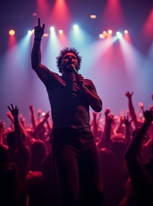 Jovanotti singing on stage at a concert, bathed in colorful stage lights, with a large crowd cheering in the background.