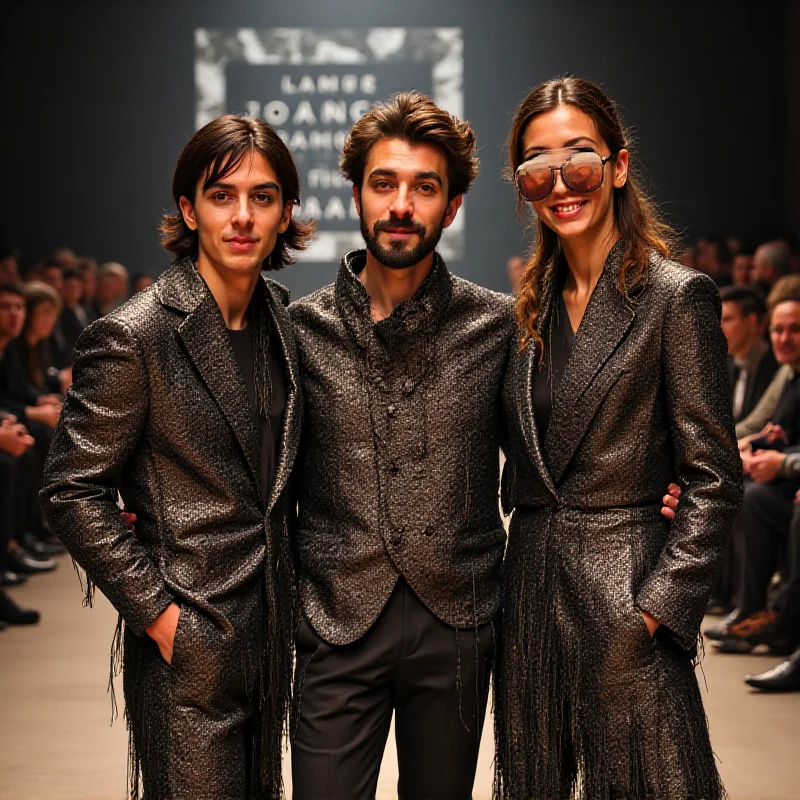 Three young fashion designers, Francesco Murano, Domenico Orefice, and Dennj, standing side-by-side after their show at Milan Fashion Week. They are smiling and wearing unique, avant-garde clothing from their collections.