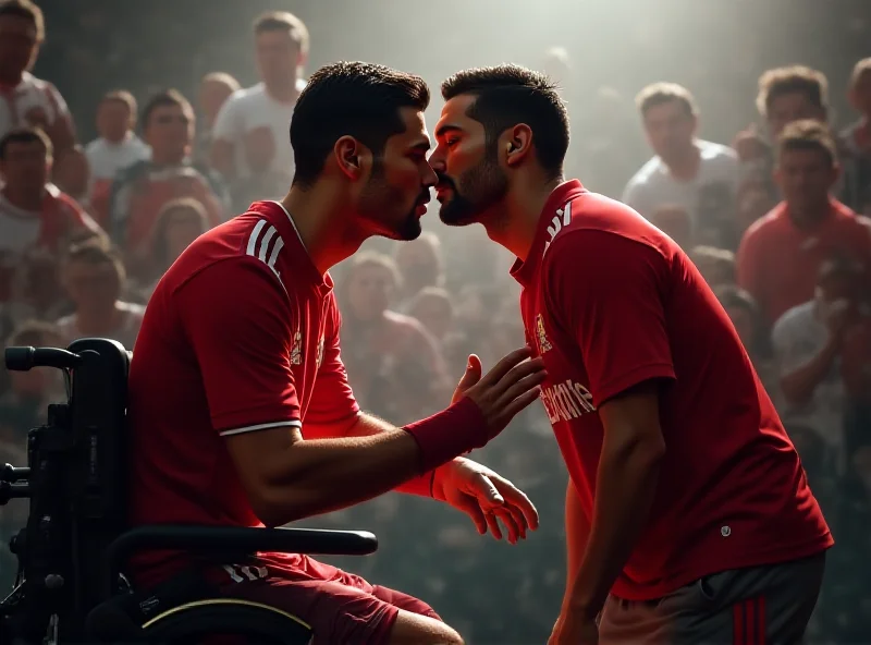 Cristiano Ronaldo greeting a fan, possibly the disabled painter, in a friendly manner.