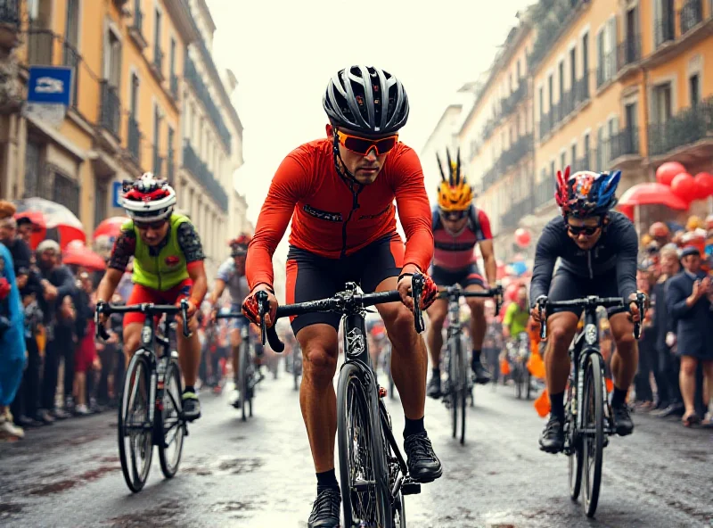 A cyclist competing in O Gran Camiño, surrounded by carnival celebrators.