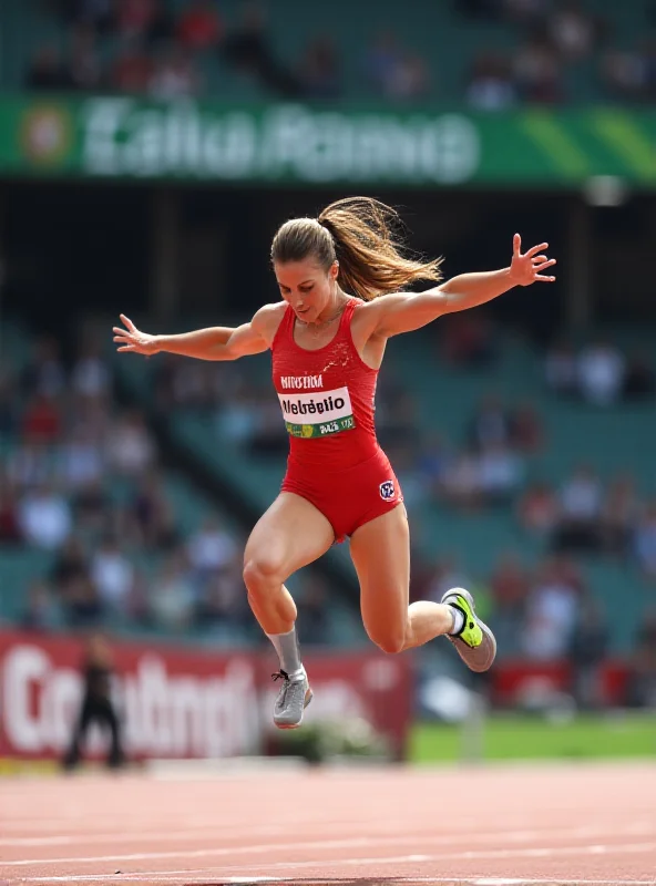 Ana Peleteiro mid-jump during a track and field event