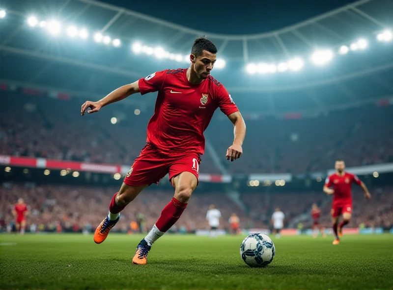 Cristiano Ronaldo playing soccer in a stadium, looking determined.