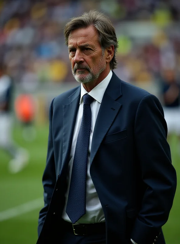 A soccer coach standing on the sidelines during a match, looking intense and focused.