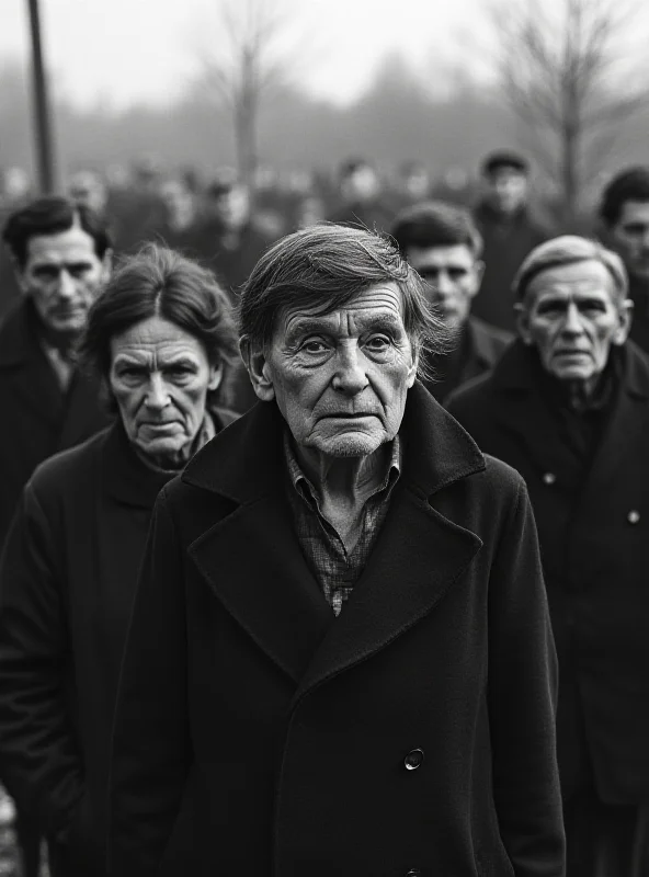 A black and white photo depicting a group of Holocaust survivors, likely soon after liberation from a concentration camp.