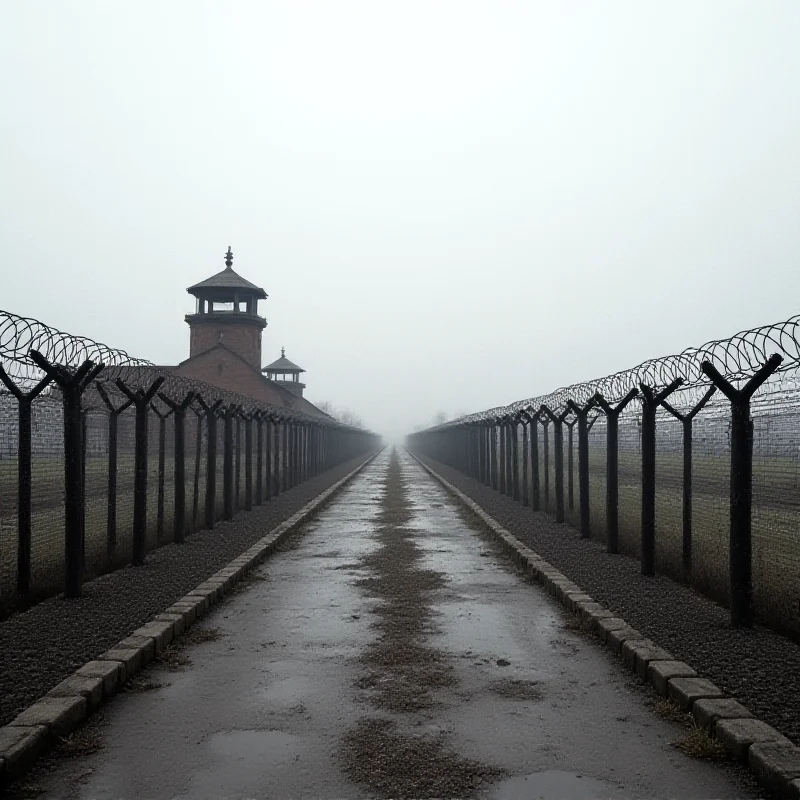 A modern-day photo of the Auschwitz-Birkenau concentration camp memorial, focusing on the barbed wire and watchtowers.