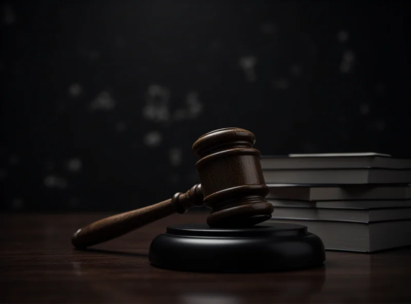 Silhouette of a courtroom with a judge's gavel and law books in the foreground, bathed in dramatic light.