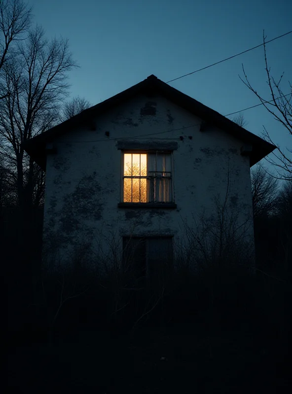 A somber image depicting a children's home at dusk, with a single light illuminated in one of the windows, conveying a sense of vulnerability and isolation.