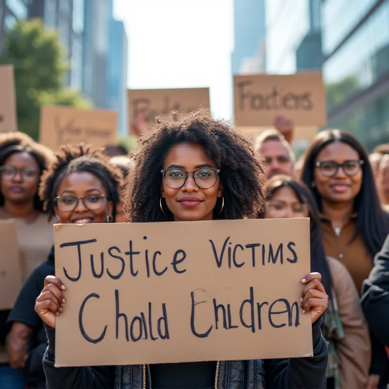 A group of diverse community members standing together, holding signs that read 'Justice for Victims' and 'Protect Our Children,' demonstrating solidarity and support for the survivors of abuse.