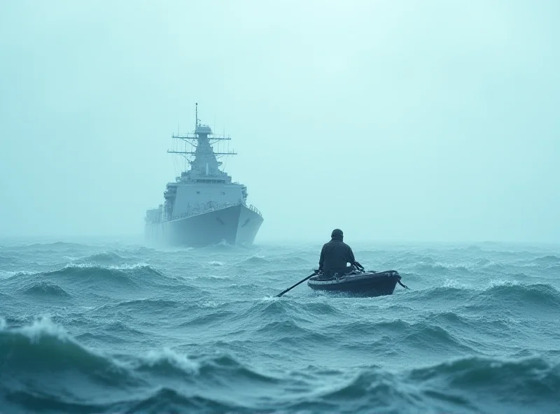 A naval ship approaches a small rowing boat in rough seas.