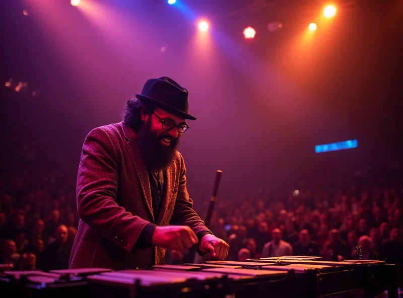 Roy Ayers performing live on stage, smiling and playing the vibraphone with colorful lighting.