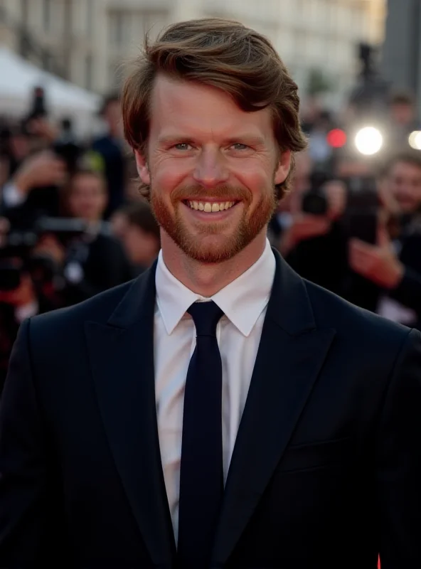 Jesse Eisenberg smiling at a film premiere, wearing a suit and tie.