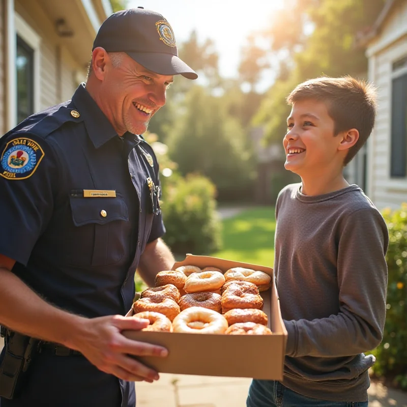 A police officer handing a box of doughnuts to a young boy on his front porch, both smiling.