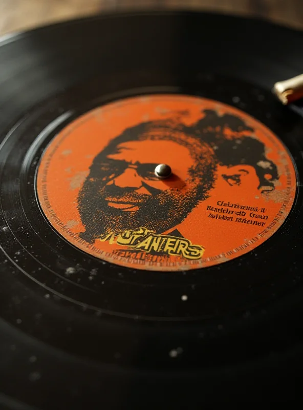 A close-up shot of a vinyl record with a Roy Ayers album cover. The cover features bright colors and a portrait of Roy Ayers.