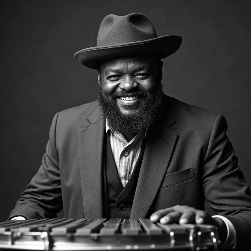 Black and white photo of Roy Ayers smiling and holding his vibraphone.