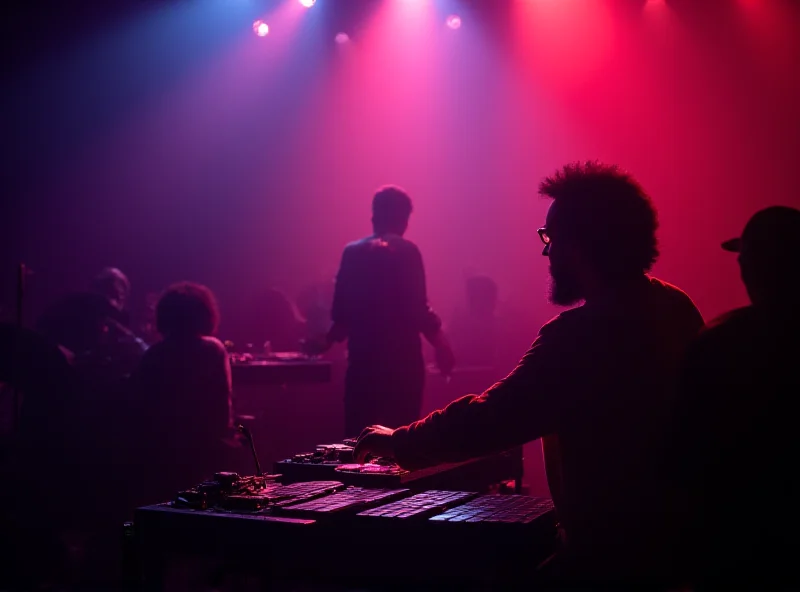 Roy Ayers performing on his vibraphone, bathed in stage lights.