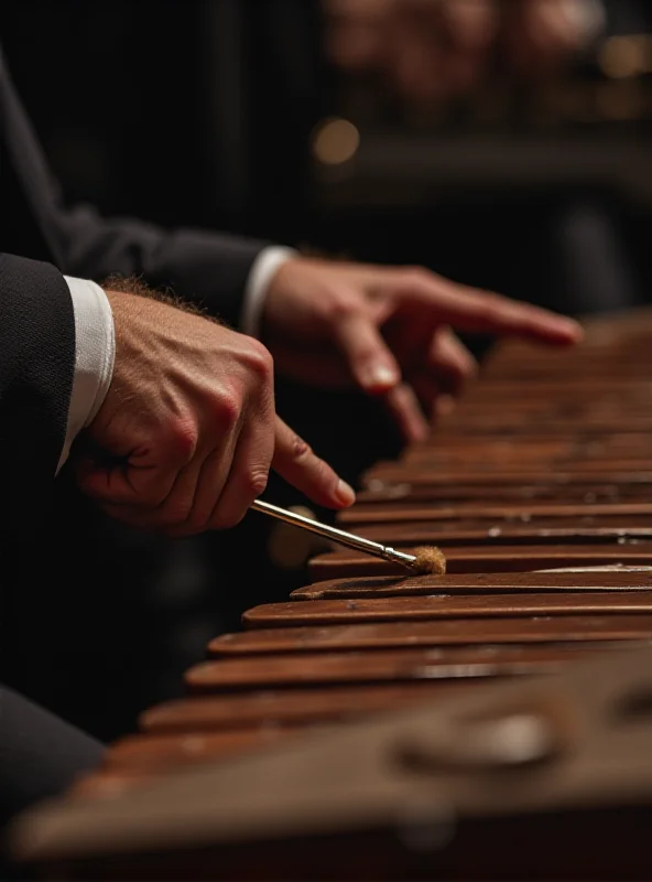 Close-up shot of Roy Ayers playing the vibraphone, focusing on his hands hitting the keys.