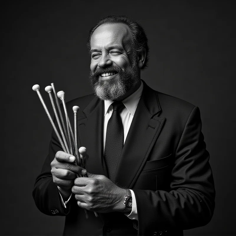 Black and white portrait of Roy Ayers smiling, holding his vibraphone mallets.