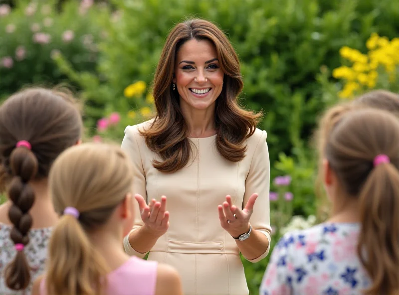 Princess Kate smiling warmly while talking to children at an event.