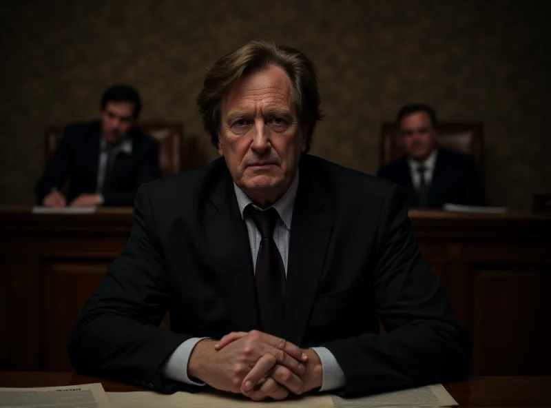 Neil Gaiman in a courtroom setting, looking determined and serious.