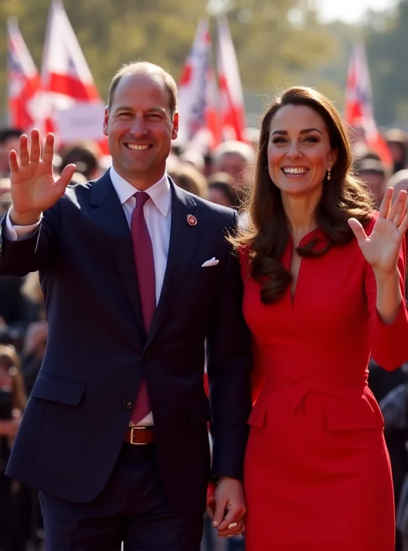 Prince William and Kate Middleton smiling and waving to a crowd during a public appearance.