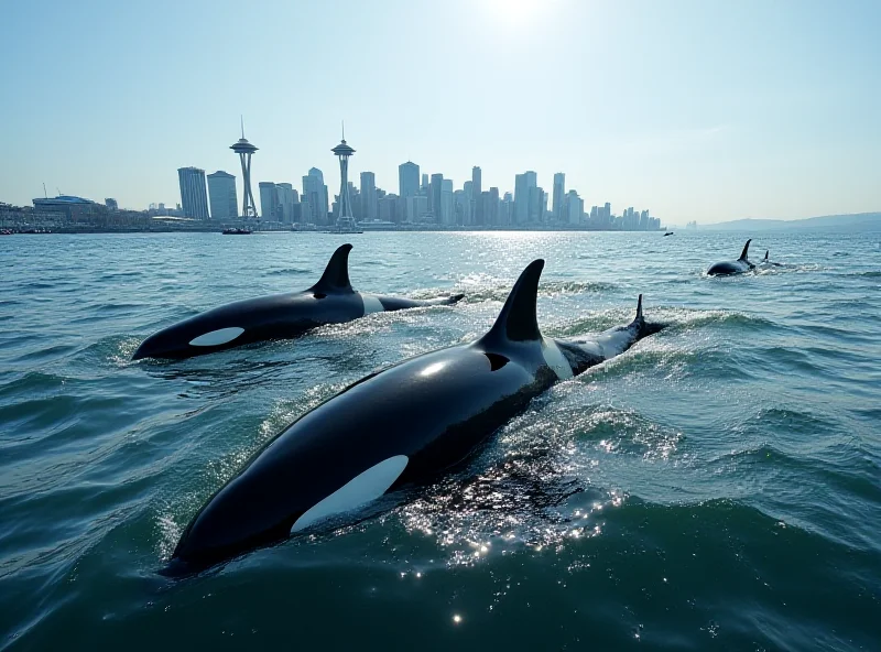 A pod of orcas swimming in the waters of Elliott Bay with the Seattle skyline in the background.