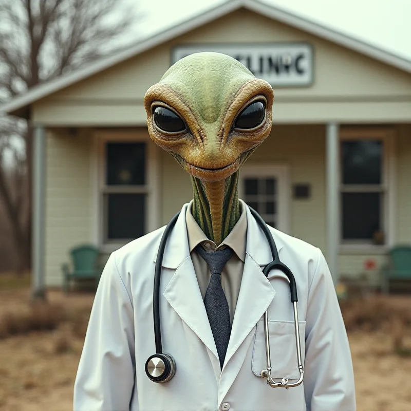 AI generated image of an alien disguised as a human doctor, standing in front of a small-town clinic. The alien has a slightly confused expression.