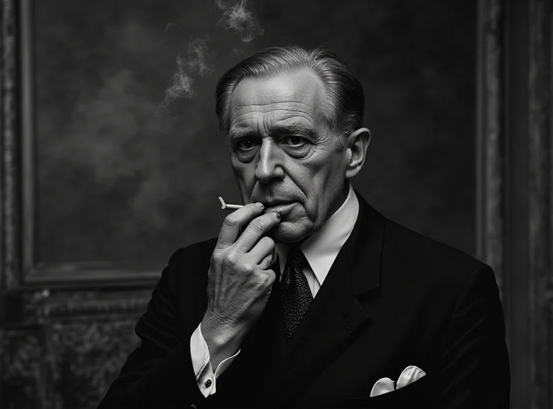 A black and white photo of King George VI smoking a cigarette, looking regal but weary.