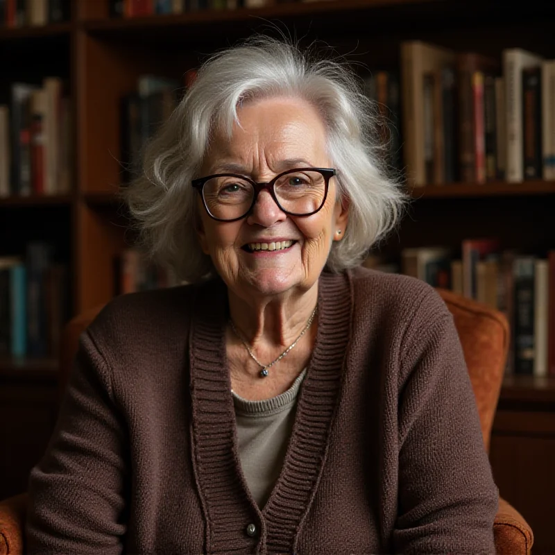 A photo of Jennifer Johnston, an elderly woman with a warm smile, sitting in a book-filled room.