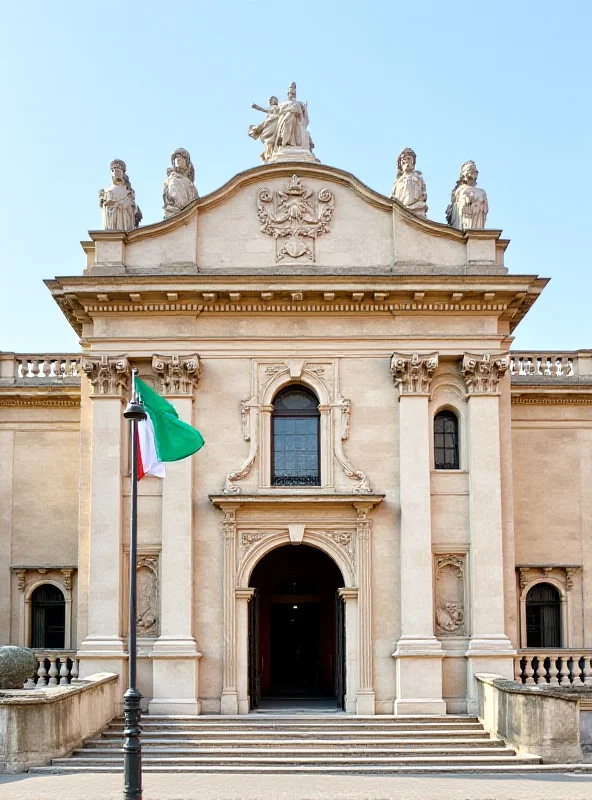 Courthouse exterior with Italian flag.