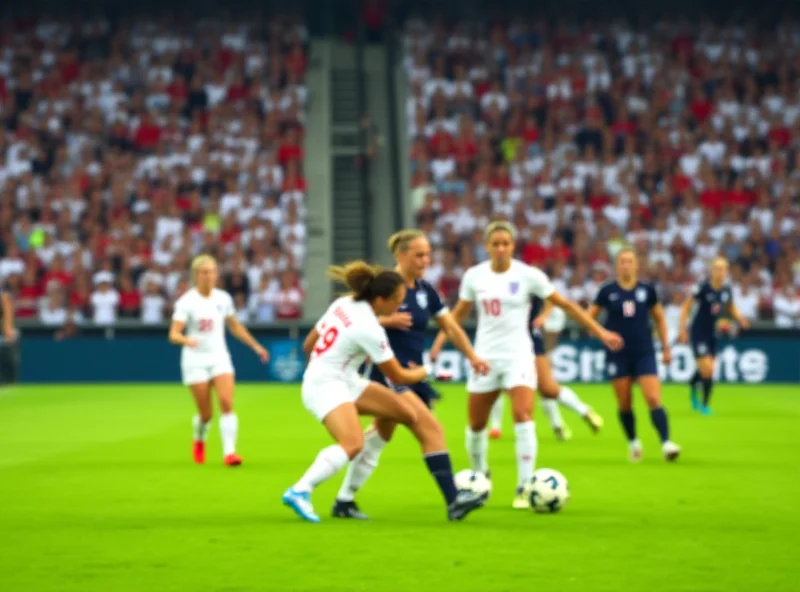 A group of female soccer players in England national team uniforms on a field during a game