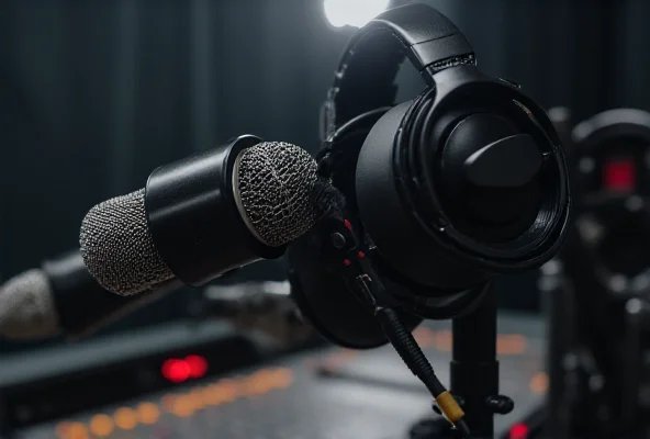 A podcast recording setup with microphones and headphones