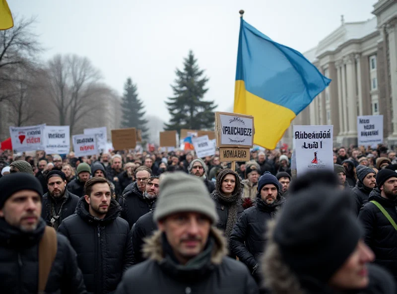 A large crowd of people holding signs and banners during a protest in a city square in Ukraine