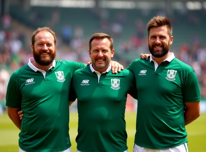 Peter O'Mahony, Cian Healy, and Conor Murray standing side-by-side in their Ireland rugby jerseys, smiling slightly. They are on a rugby pitch with a crowd blurred in the background.