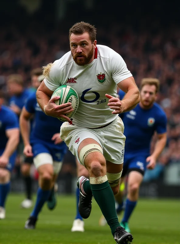 Ellis Genge in action during a rugby match, running with the ball with determination. He is wearing an England rugby jersey, and opposing players are attempting to tackle him. The background shows a packed stadium with cheering fans.