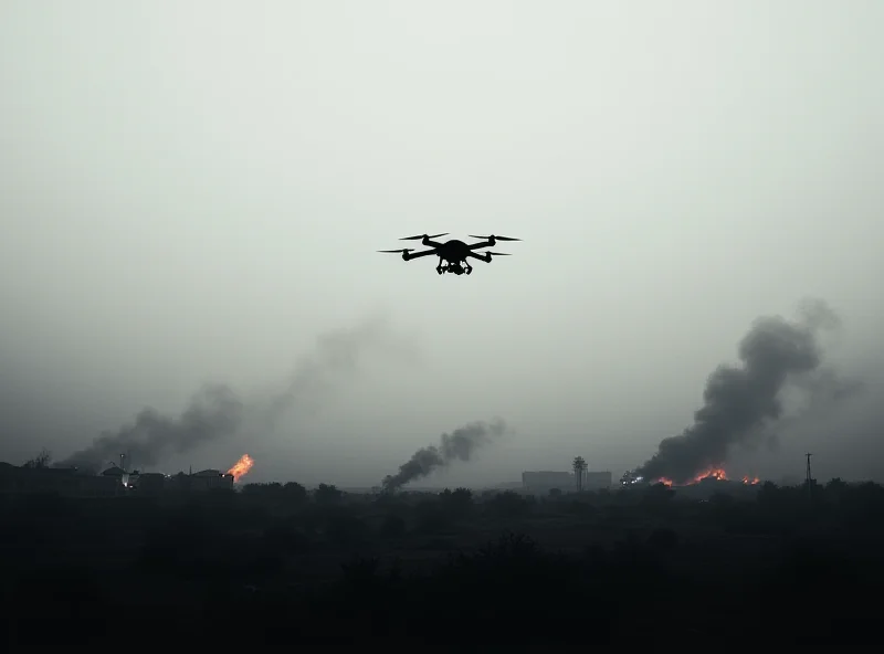 Drone flying over a field with explosions in the distance.