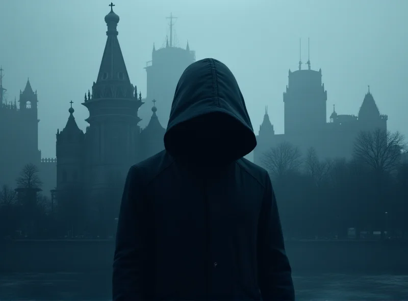 Illustration of a shadowy figure in front of the Kremlin, suggesting espionage.