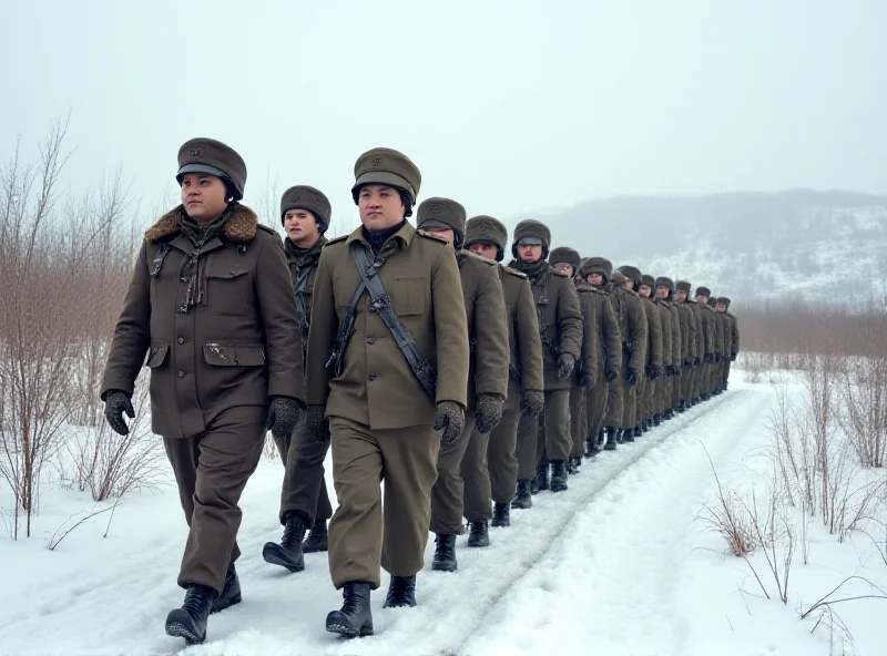 A group of North Korean soldiers marching in formation in a snowy landscape.