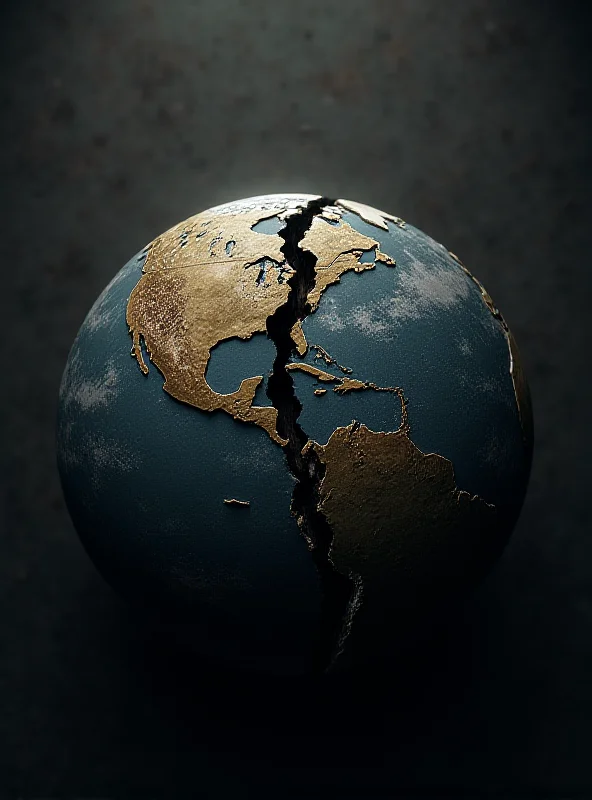 A symbolic image of cracked Earth, representing the crumbling global order, with flags of different nations faded in the background.