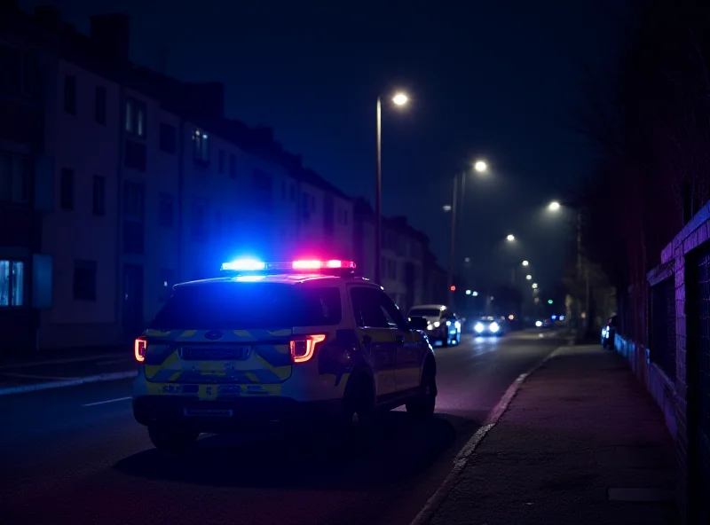 Police car with flashing lights at night in a residential area of Warsaw